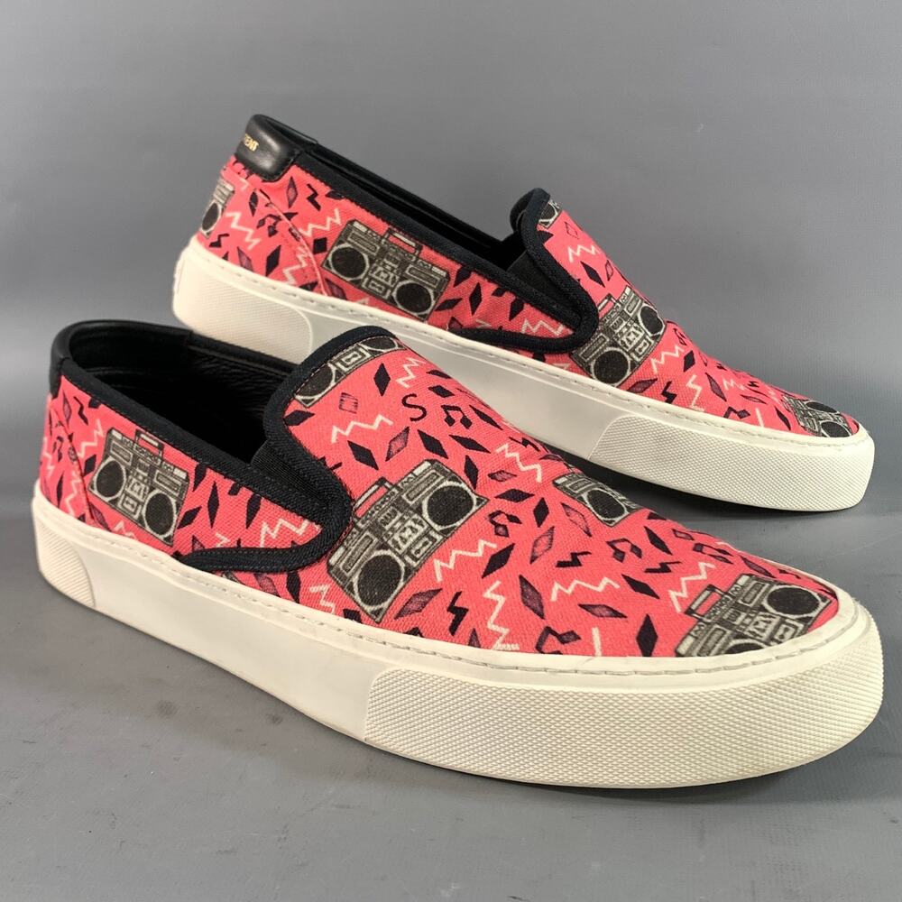 SAINT LAURENT Size 12 Pink Black & Grey Radio Print Slip On Sneakers
